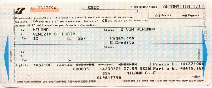 Билет на поезд InterCity из Милана в Венецию.